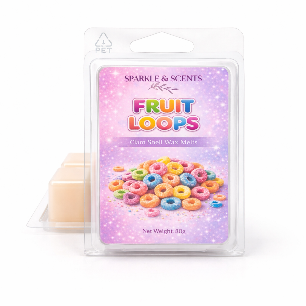 Sparkle & Scents Fruit Loops wax melt packaging on a white background