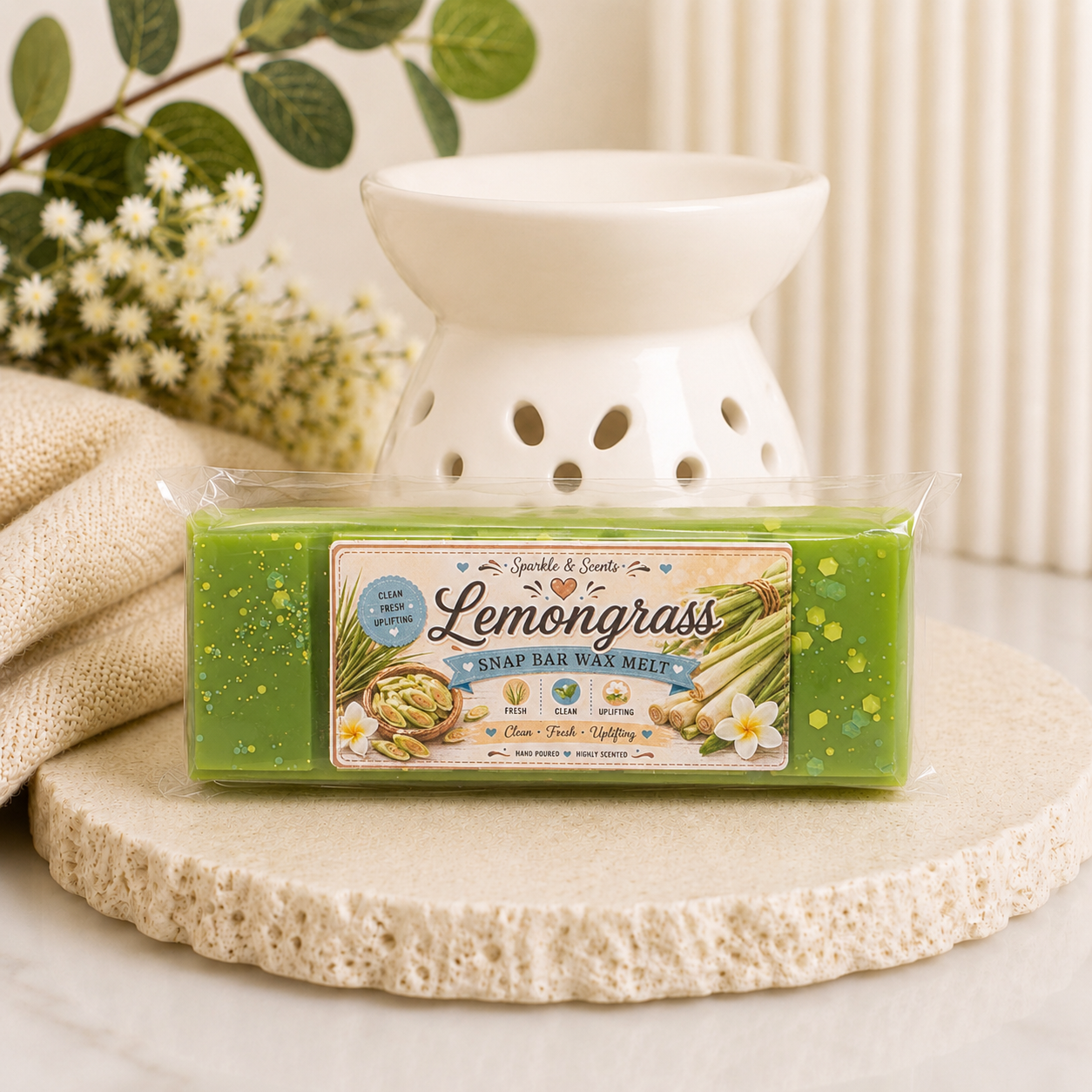 Handcrafted Lemongrass Snap Bar Wax Melt by Sparkle & Scents, featuring a vibrant lime soy wax snap bar with a fresh citrus lemongrass fragrance. Highly scented, long-lasting wax melt designed for use in electric and tea light wax warmers. Perfect for creating a clean, uplifting and refreshing atmosphere in your home.