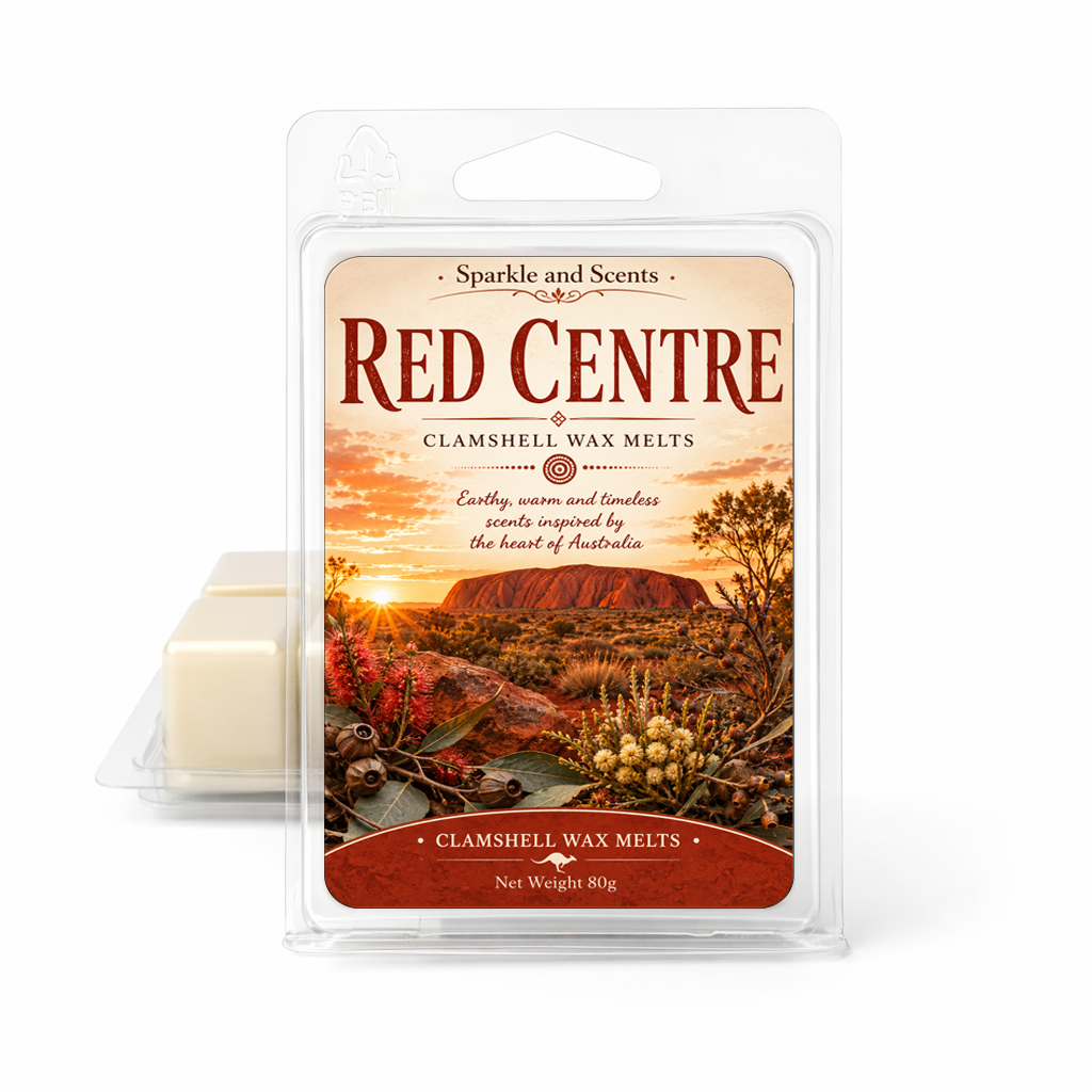 Red Centre Clamshell Wax Melts packaging with scenic design on a white background