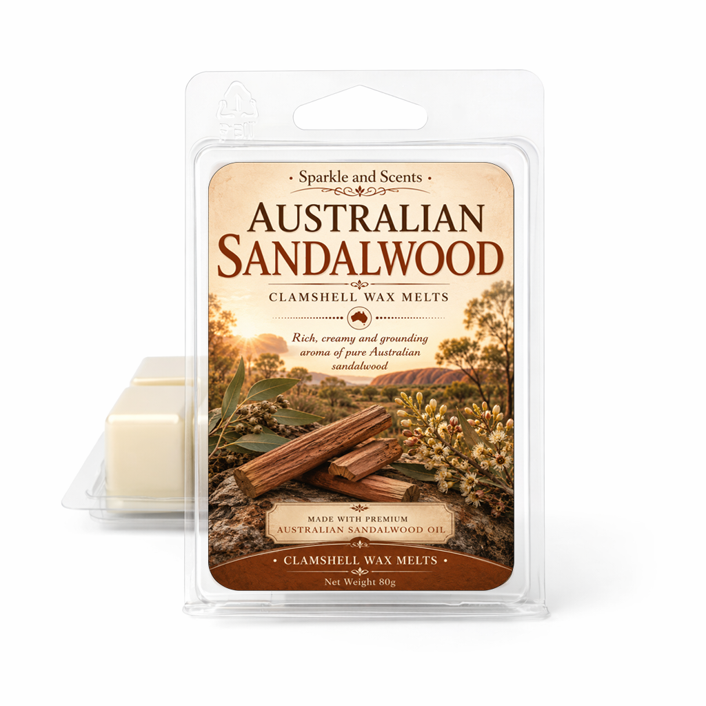Australian Sandalwood wax melt packaging with a scenic background