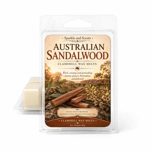 Australian Sandalwood wax melt packaging with a scenic background