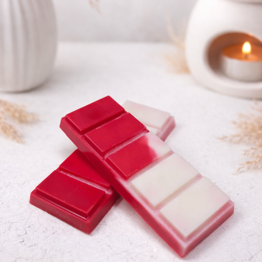 Red and white wax melts on a light surface with a candle in the background