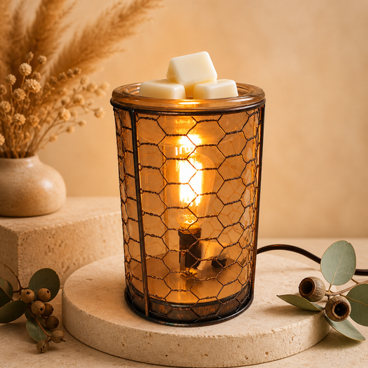 Decorative lamp with honeycomb design on a neutral background