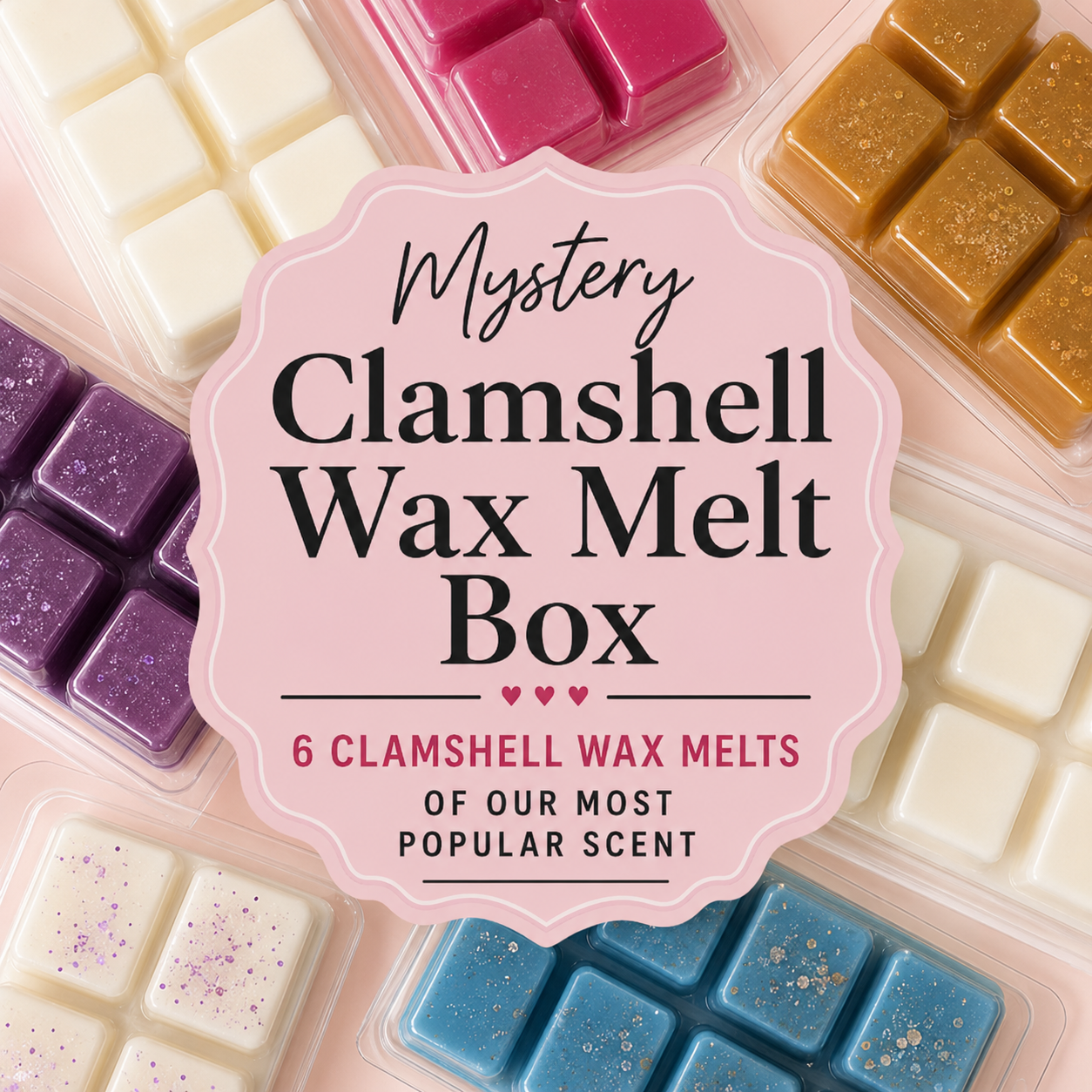 Mystery clamshell wax melt box with colorful wax melts and pink label.