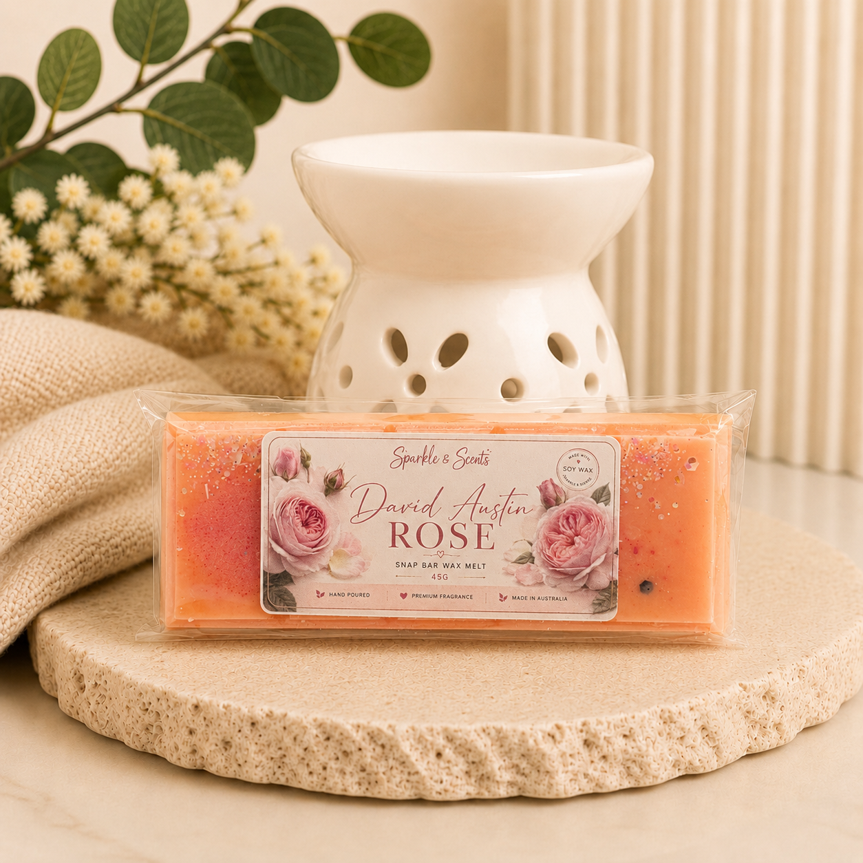 David Austin Rose Snap Bar Wax Melt handcrafted from natural soy wax, featuring a luxurious English rose fragrance with rich floral notes. Perfect for use in wax warmers to fill your home with a timeless, elegant rose scent