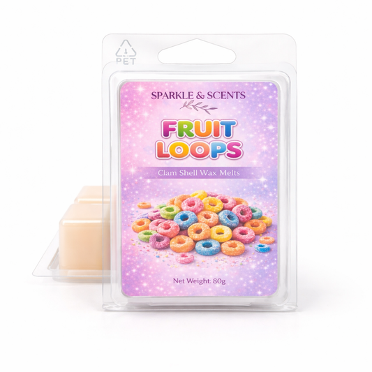 Sparkle & Scents Fruit Loops wax melt packaging on a white background