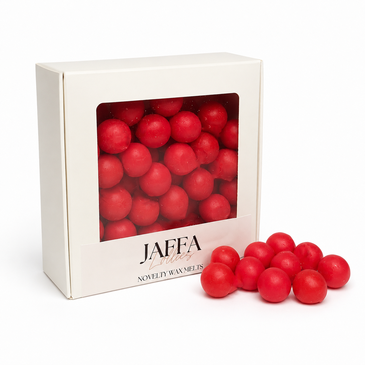 Box of Jaffa Novelty Wax Melts with red wax melts on a white background