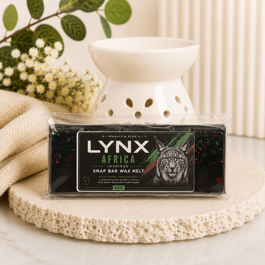 Lynx Africa Snap Bar Wax Melt by Sparkle & Scents, hand-poured soy wax melt in a segmented snap bar design. Inspired by the classic Lynx Africa fragrance with fresh citrus, lavender, warm spices, and woody musk notes. Perfect for use in electric and tealight wax warmers.