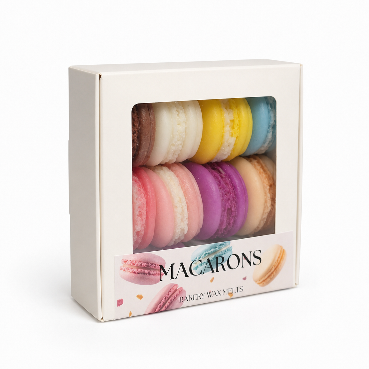 Box of colorful macaron wax melts with a clear window on a white background