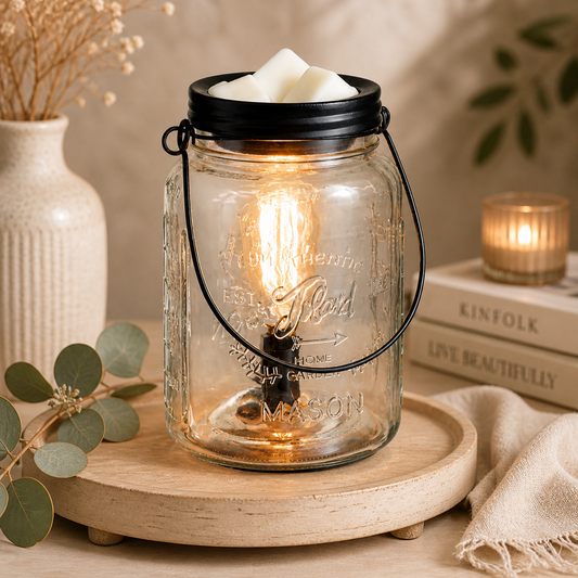 Mason jar lantern with a lit bulb on a wooden surface,