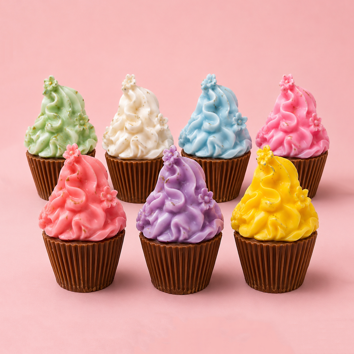 Colourful mini cupcake-shaped wax melts in assorted pastel colours, handmade by Sparkle & Scents.