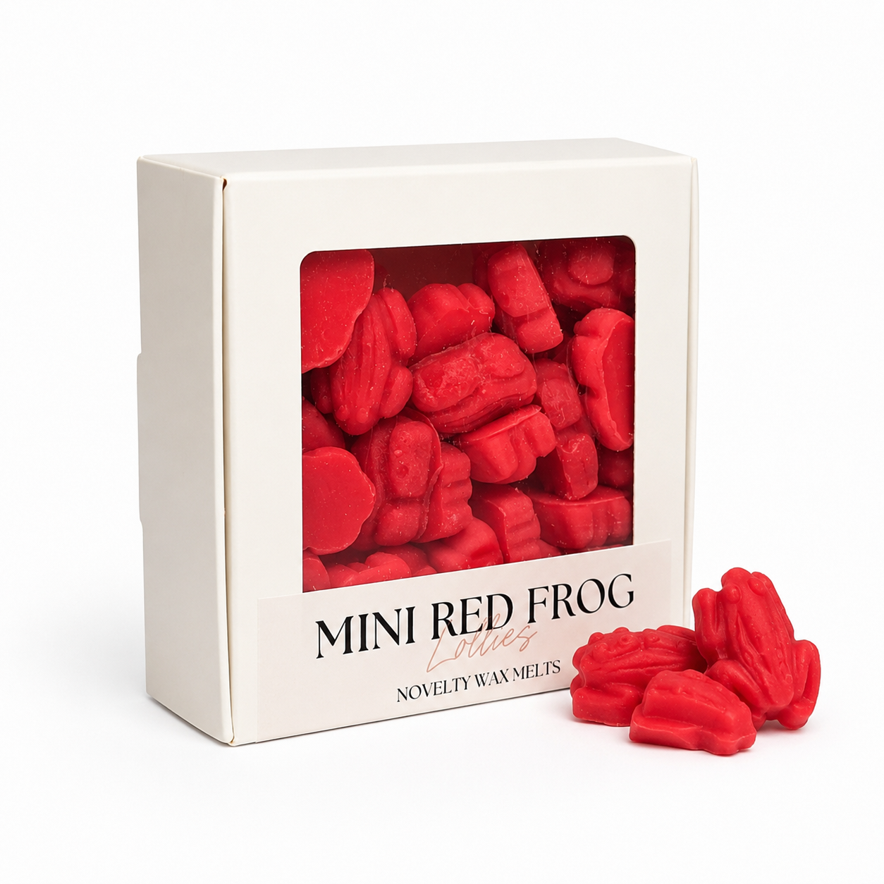 Box of Mini Red Frog Novelty Wax Melts with a few melts outside the box on a white background