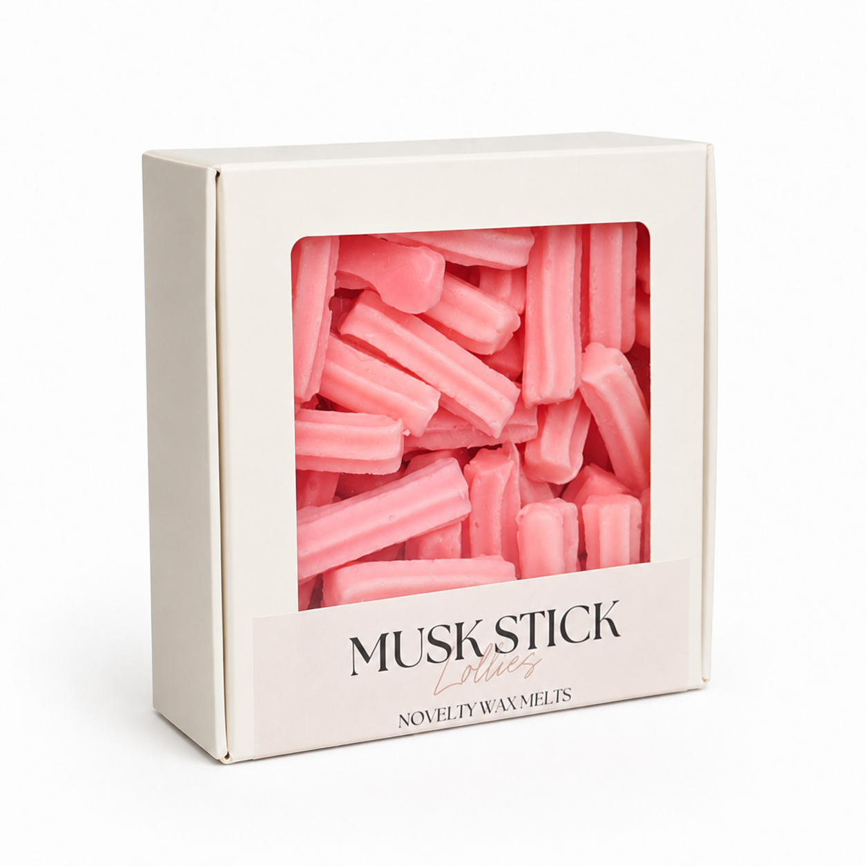 Box of pink musk sticks wax melts with 'Musk Stick' branding on a white background