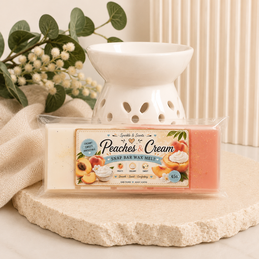 Peaches & Cream soap bar wax melt packaging with a white wax melt burner on a neutral background.