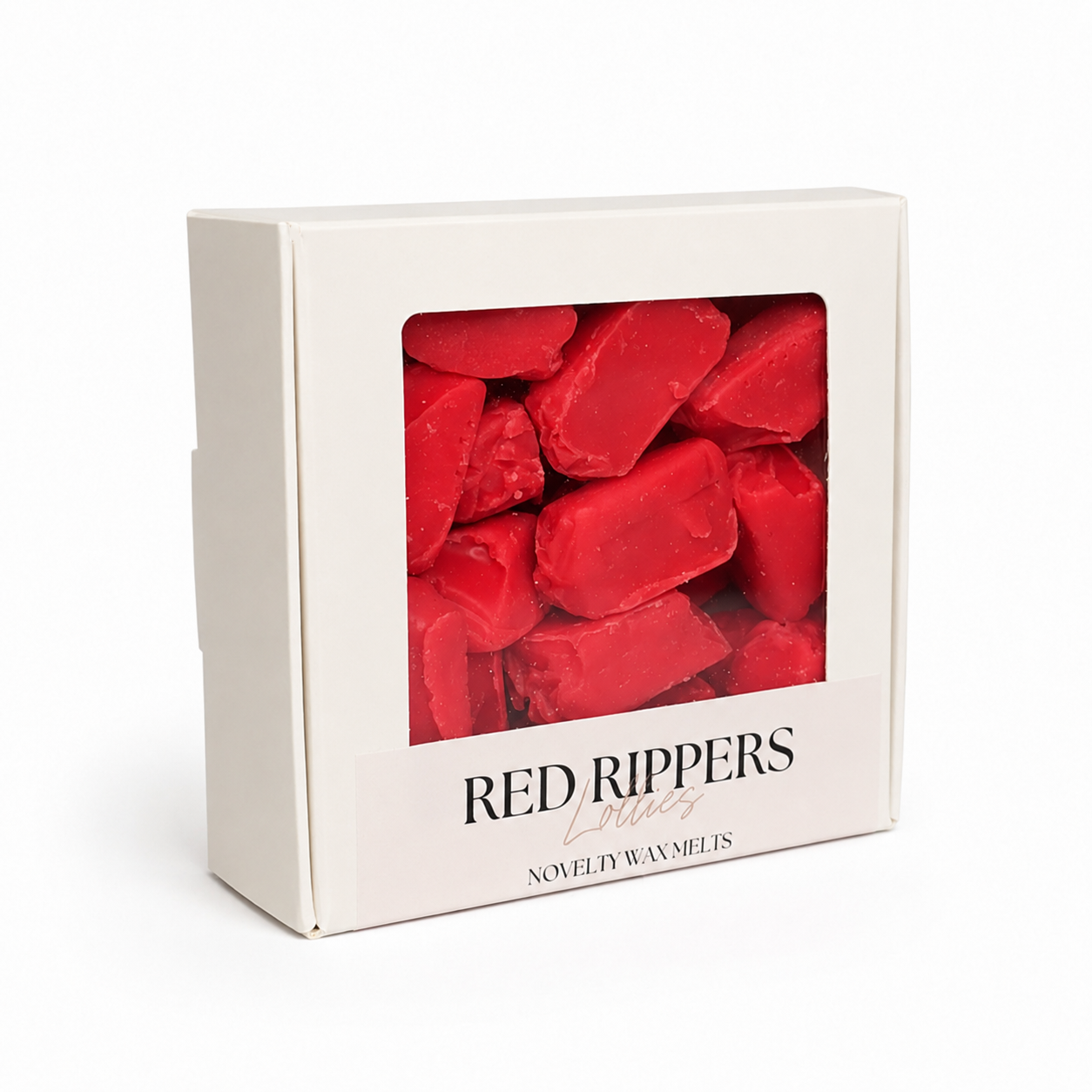 Box of Red Rippers novelty wax melts with red wax melts visible through the window.