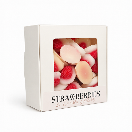 Box of 'Strawberries & Cream' wax melts with a clear window on a white background