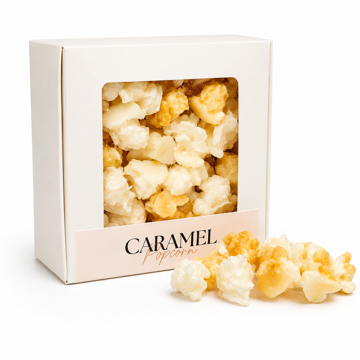 Box of caramel popcorn wax melts with a clear window, showing the popcorn inside.