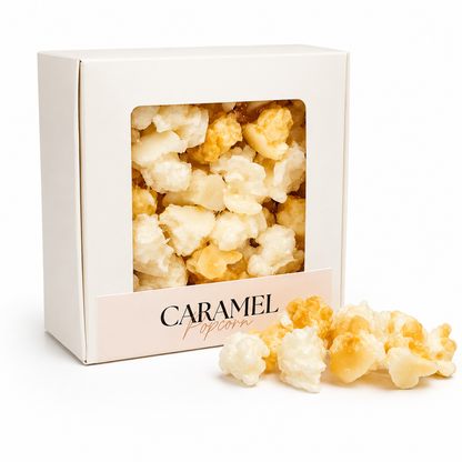 Box of caramel popcorn wax melts with a clear window, showing the popcorn inside.