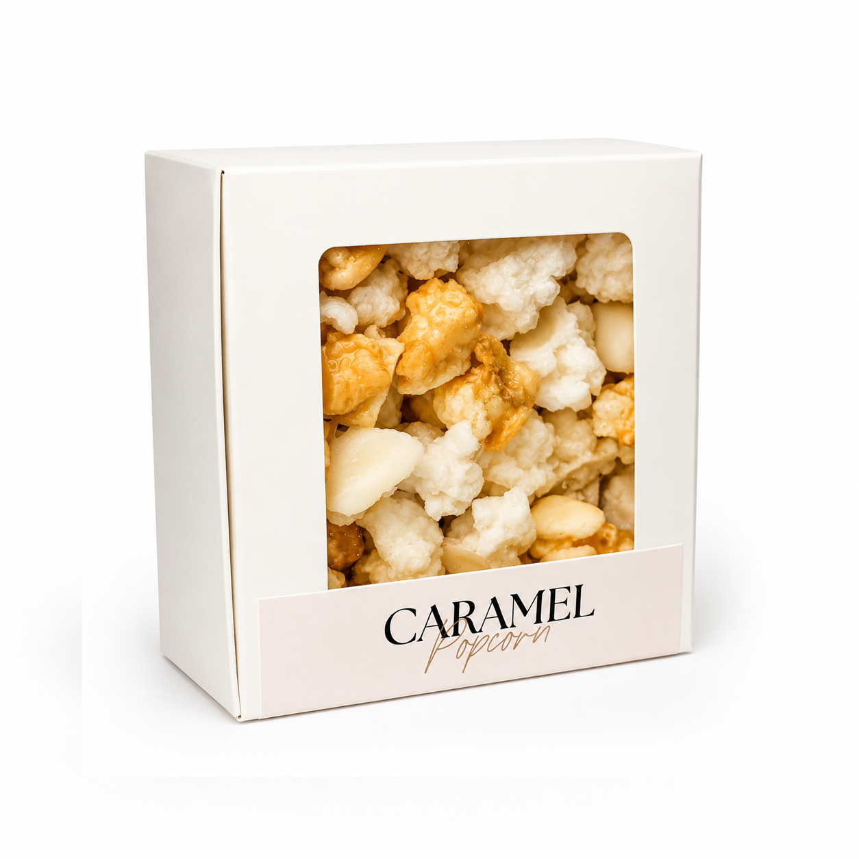 Box of caramel popcorn wax melts with a clear window on a white background