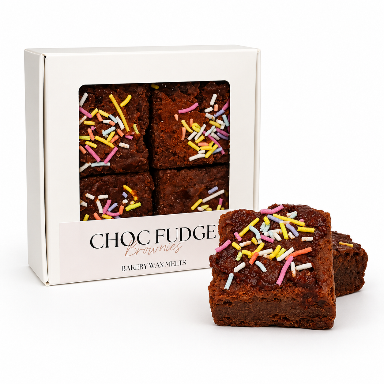 Choc Fudge Brownie bakery wax melts with colorful sprinkles in front of packaging