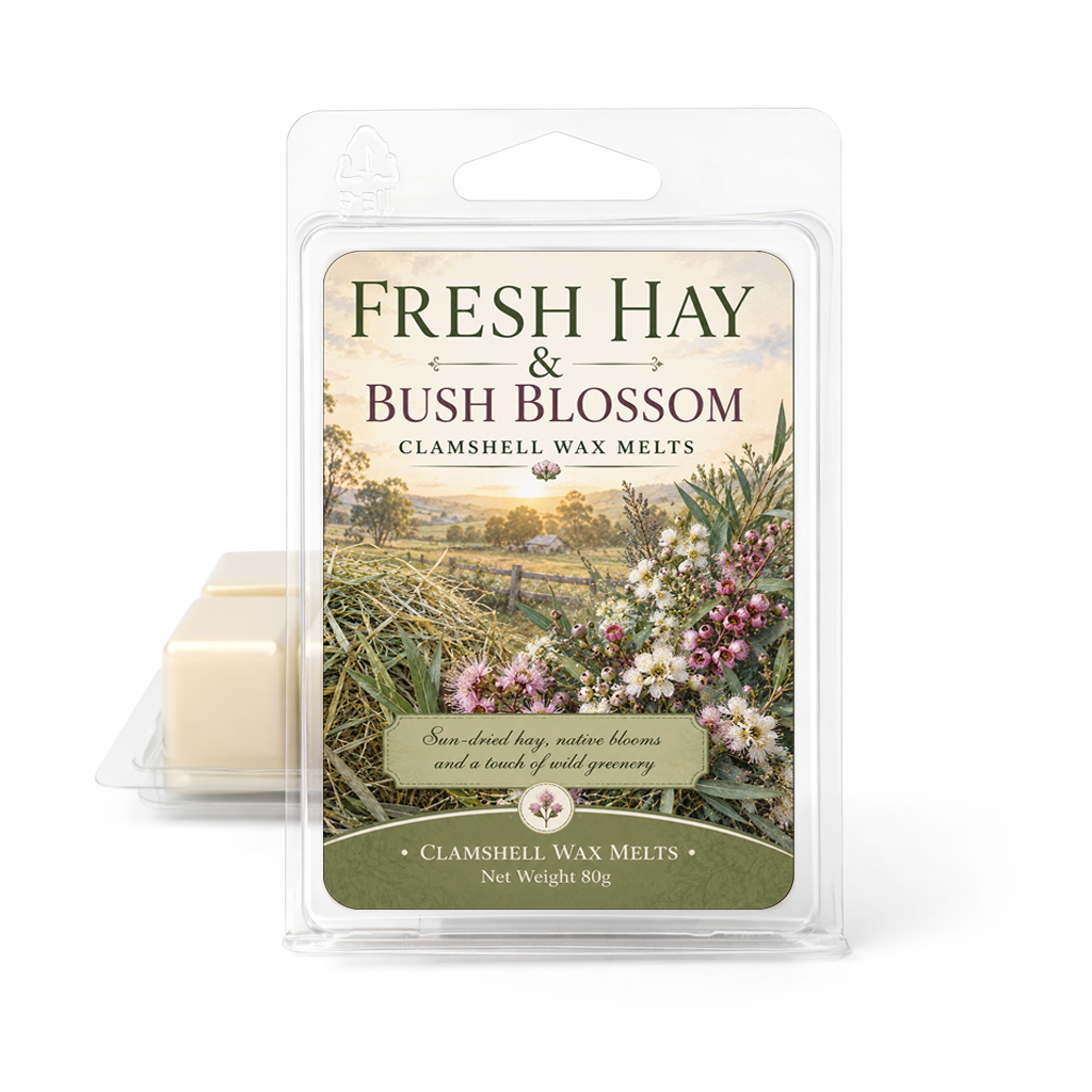 Clamshell wax melts packaging with 'Fresh Hay & Bush Blossom' label on a white background